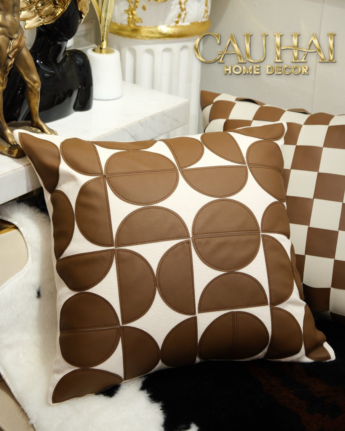 Vỏ Gối Géométrique Cognac Ivory 45x45-Vỏ Gối Trang Trí-CẬU HAI HOME DECOR-CẬU HAI HOME DECOR
