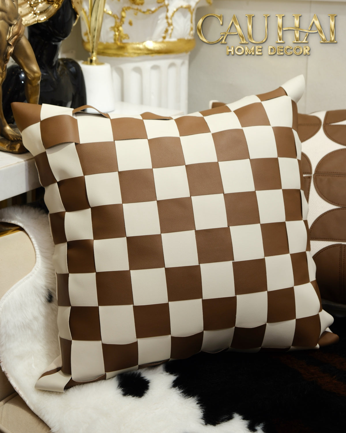 Vỏ Gối Géométrique Cognac Ivory 45x45-Vỏ Gối Trang Trí-CẬU HAI HOME DECOR-CẬU HAI HOME DECOR