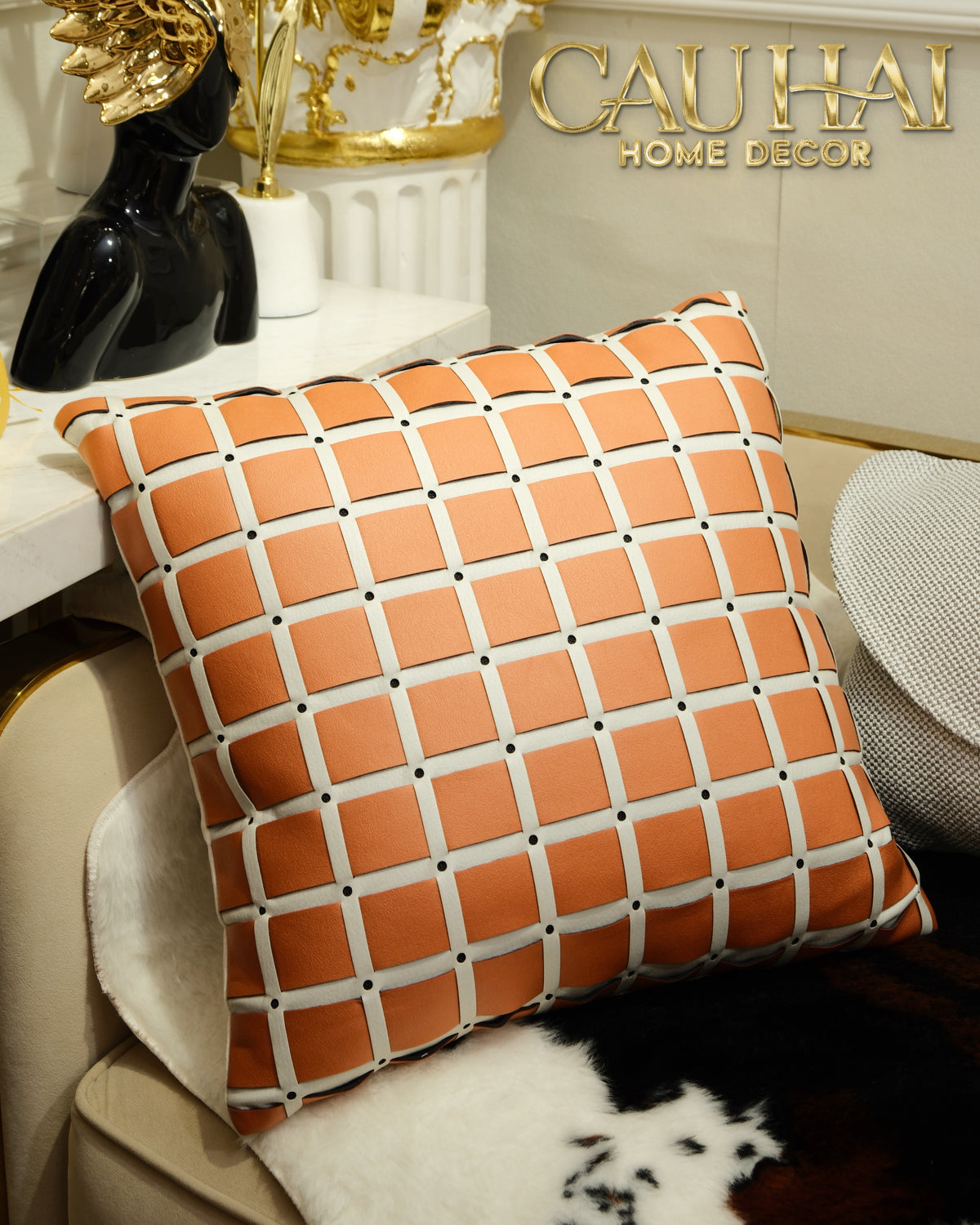 Vỏ Gối Équestre Stud Grid Camel 45x45-Vỏ Gối Trang Trí-CẬU HAI HOME DECOR-CẬU HAI HOME DECOR