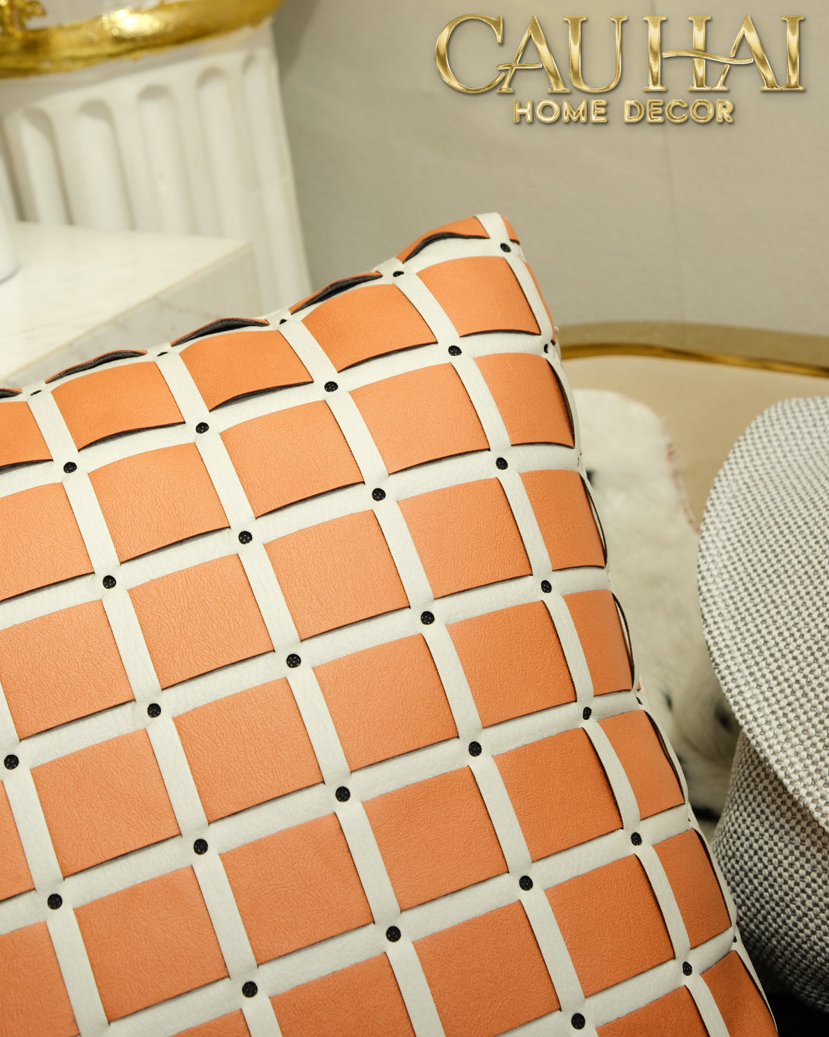 Vỏ Gối Équestre Stud Grid Camel 45x45-Vỏ Gối Trang Trí-CẬU HAI HOME DECOR-CẬU HAI HOME DECOR
