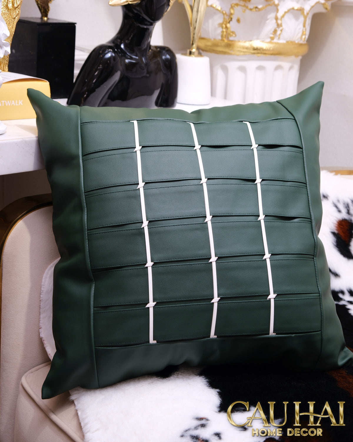 Vỏ Gối Leather Grid Équestre Forest 45x45-Vỏ Gối Trang Trí-CẬU HAI HOME DECOR-CẬU HAI HOME DECOR