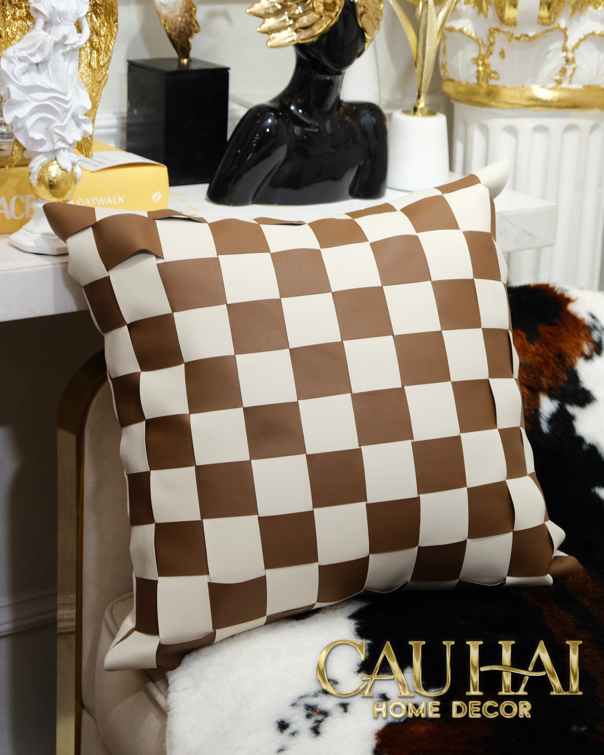 Vỏ Gối Géométrique Cognac Ivory 45x45-Vỏ Gối Trang Trí-CẬU HAI HOME DECOR-CẬU HAI HOME DECOR