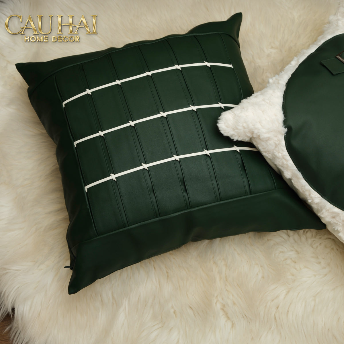 Vỏ Gối Leather Grid Équestre Forest 45x45-Vỏ Gối Trang Trí-CẬU HAI HOME DECOR-CẬU HAI HOME DECOR