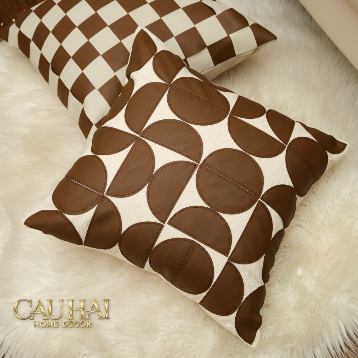 Vỏ Gối Géométrique Cognac Ivory 45x45-Vỏ Gối Trang Trí-CẬU HAI HOME DECOR-CẬU HAI HOME DECOR