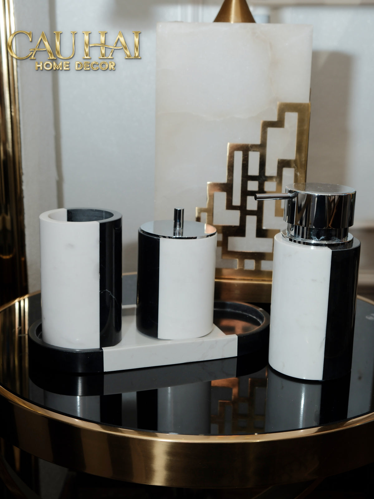 Set Nhà Tắm Đá Marble Trắng Đen Bản Đặc Biệt - Monolith Noir & Ivoire Oval Tray - Bathroom Vanities 4pcs-KHAY TRANG TRÍ-Đối tác tại Trung Quốc theo từng đơn đặt hàng-CẬU HAI HOME DECOR