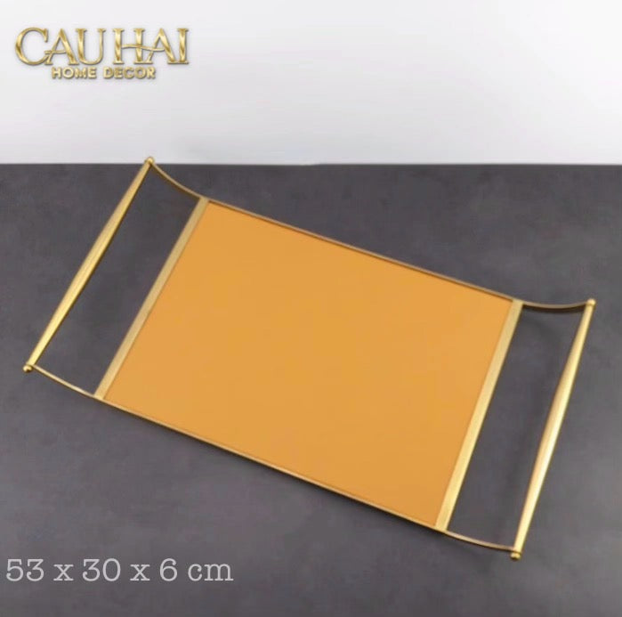 Khay Da Chữ Nhật 2 Tay Cầm -  Curves Handles Orange Leather Linea Dorée Tray 53x30cm