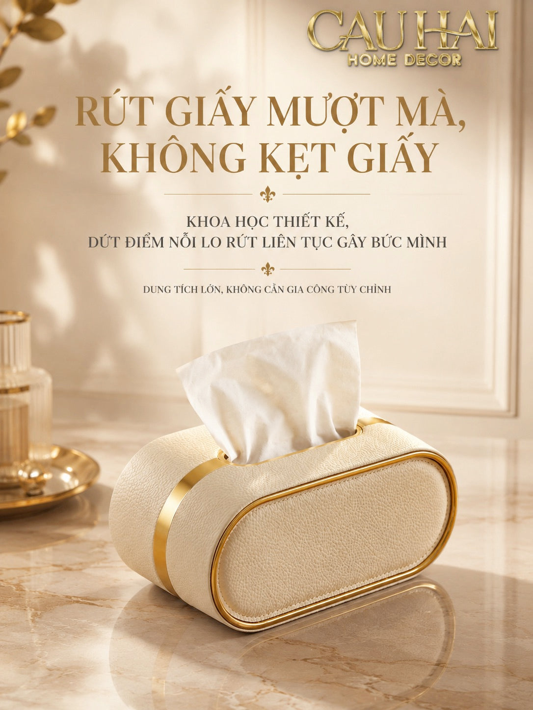 Hộp Khăn Giấy Da Litchi LB Class Oval Spéciale Crystal Bloom Ivory 22x13x10.7-HỘP KHĂN GIẤY-CẬU HAI HOME DECOR-CẬU HAI HOME DECOR