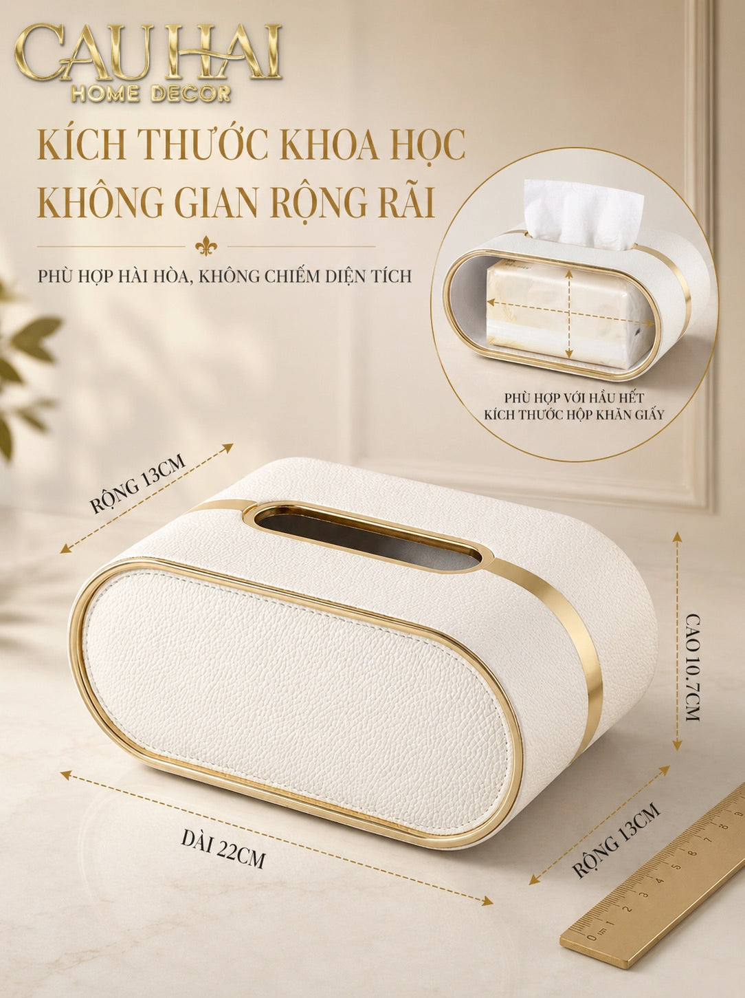 Hộp Khăn Giấy Da Litchi LB Class Oval Spéciale Crystal Bloom Ivory 22x13x10.7-HỘP KHĂN GIẤY-CẬU HAI HOME DECOR-CẬU HAI HOME DECOR