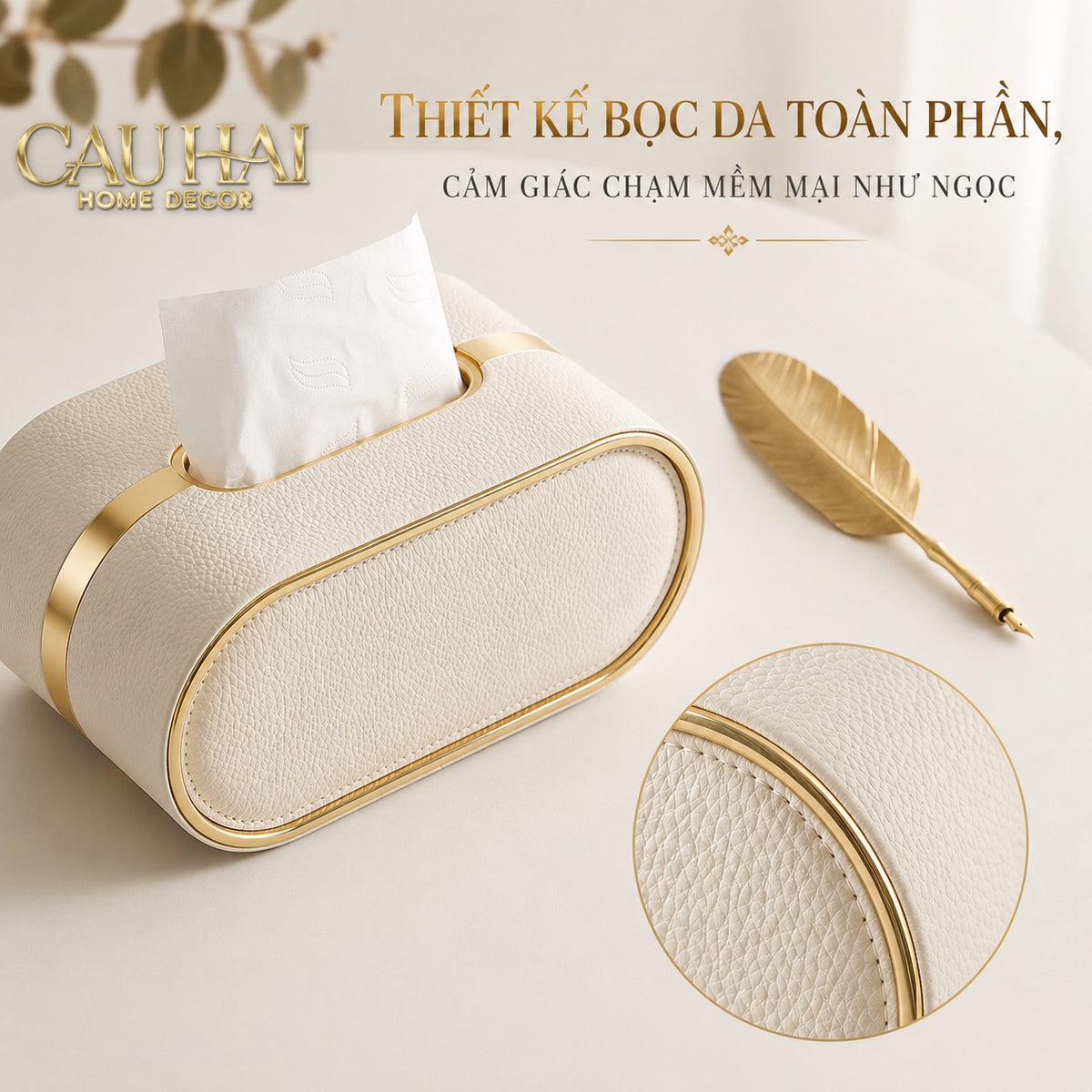 Hộp Khăn Giấy Da Litchi LB Class Oval Spéciale Crystal Bloom Ivory 22x13x10.7-HỘP KHĂN GIẤY-CẬU HAI HOME DECOR-CẬU HAI HOME DECOR