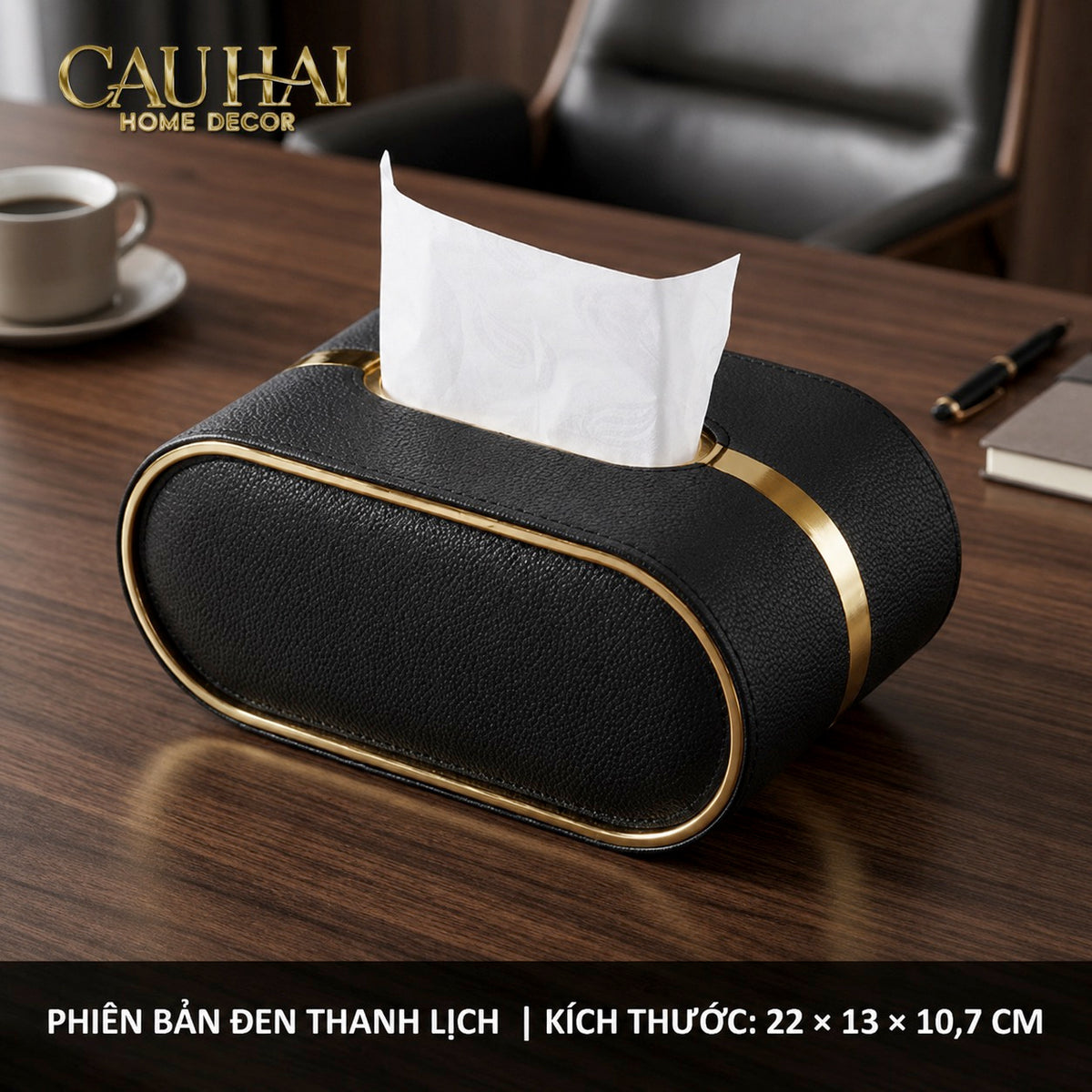 Hộp Khăn Giấy Da Litchi V Class Oval Spéciale Medusa Limited Noir 22x13x10.7-HỘP KHĂN GIẤY-CẬU HAI HOME DECOR-CẬU HAI HOME DECOR