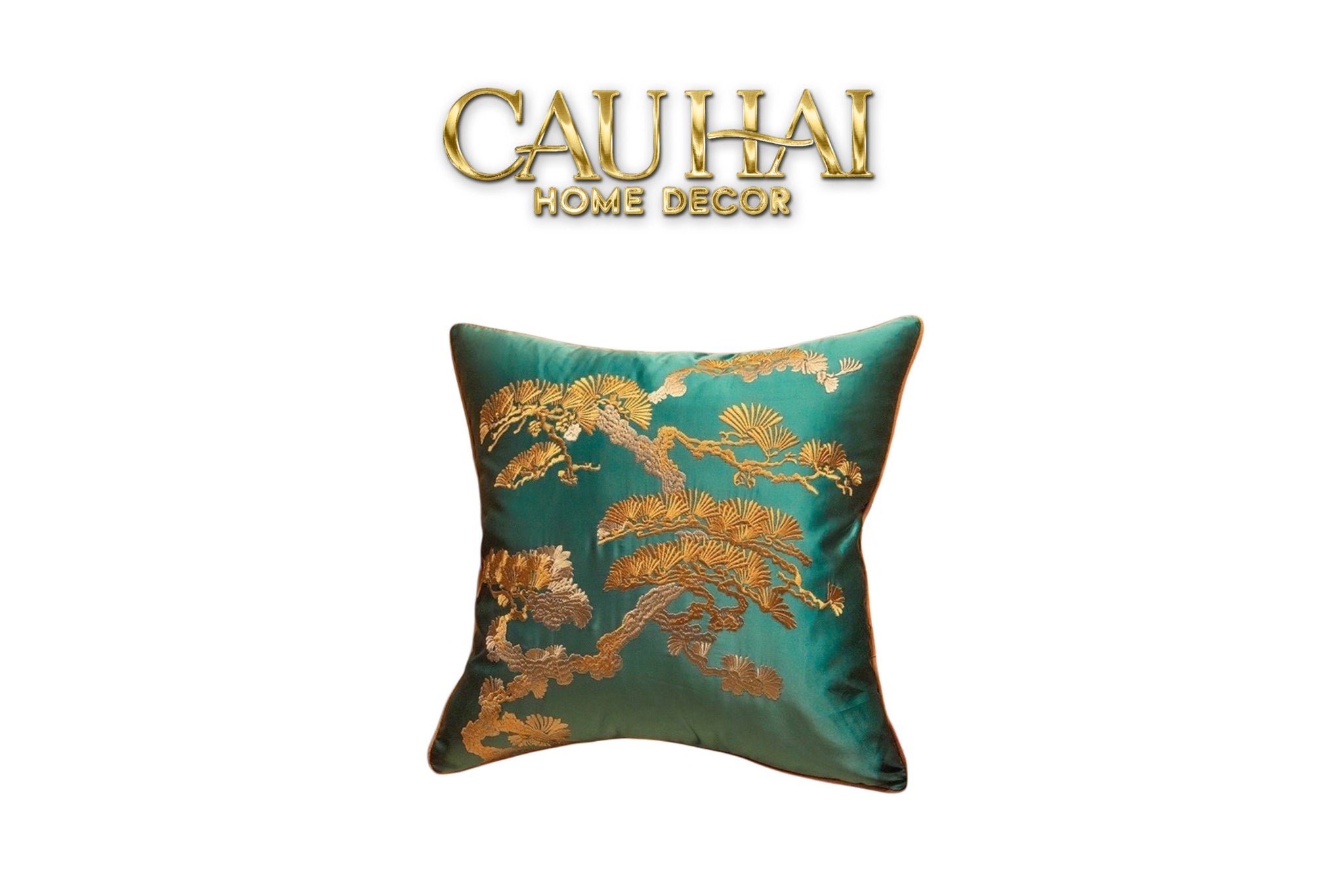 Tết Couture - Vỏ Gối Lụa Thêu Chỉ Vàng Lục Tùng Bách