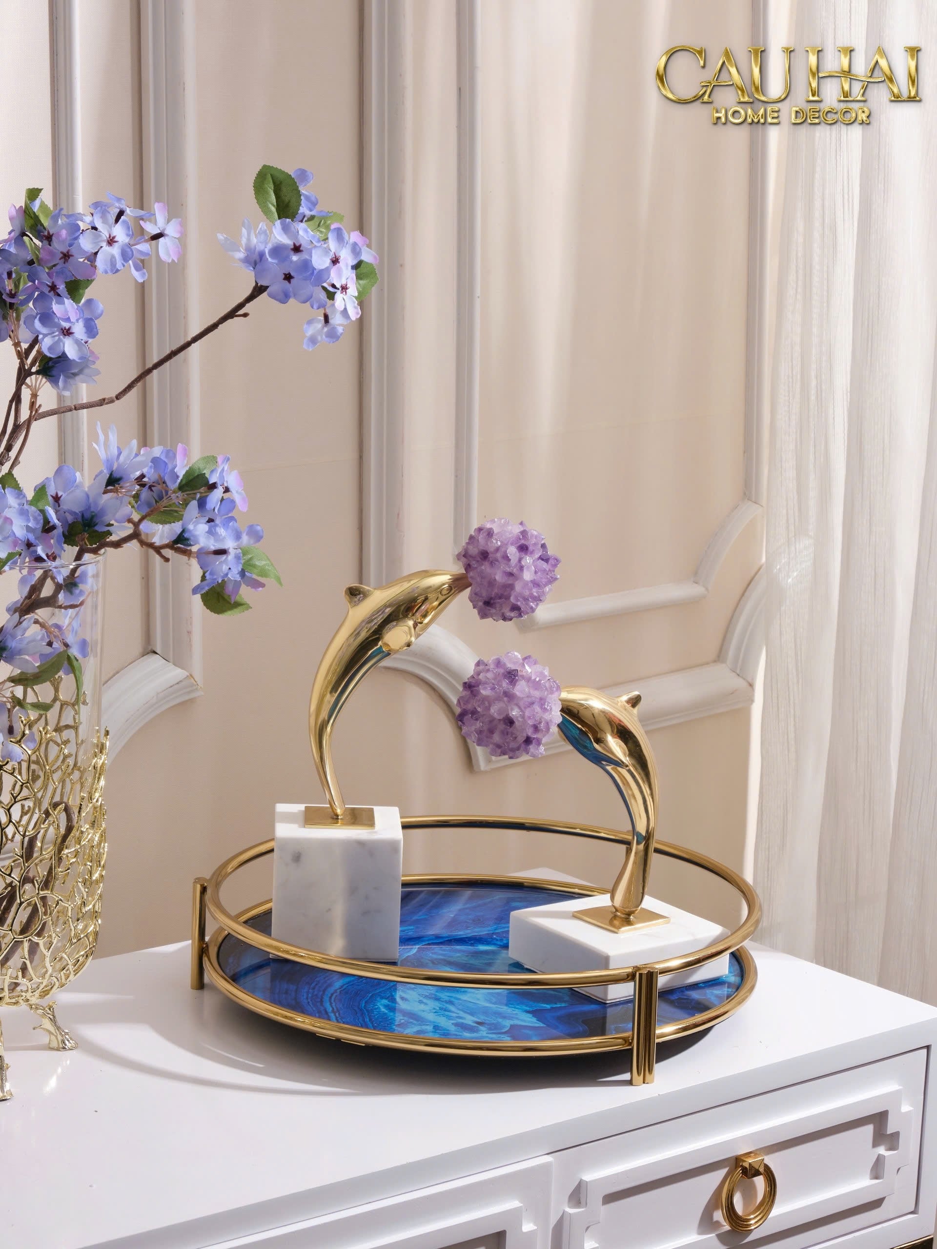 HOME COUTURE - SET TƯỢNG ĐỒNG - DOLPHIN SERENDIPITY AMETHYST-CẬU HAI HOME DECOR