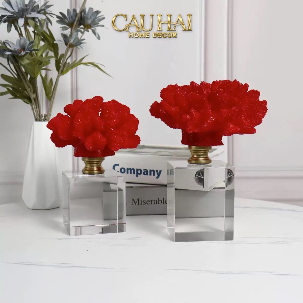 HOME COUTURE - SET 2 TƯỢNG SAN HÔ ĐỎ ASHEN PYRE CORALS CRYSTAL BASE. - CẬU HAI HOME DECOR