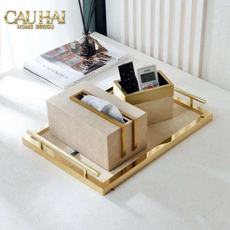 HOME COUTURE - SET KHAY HỘP GIẤY LATTE BIRKIN PREMIUM + LEATHER TRAY 3PCS - CẬU HAI HOME DECOR