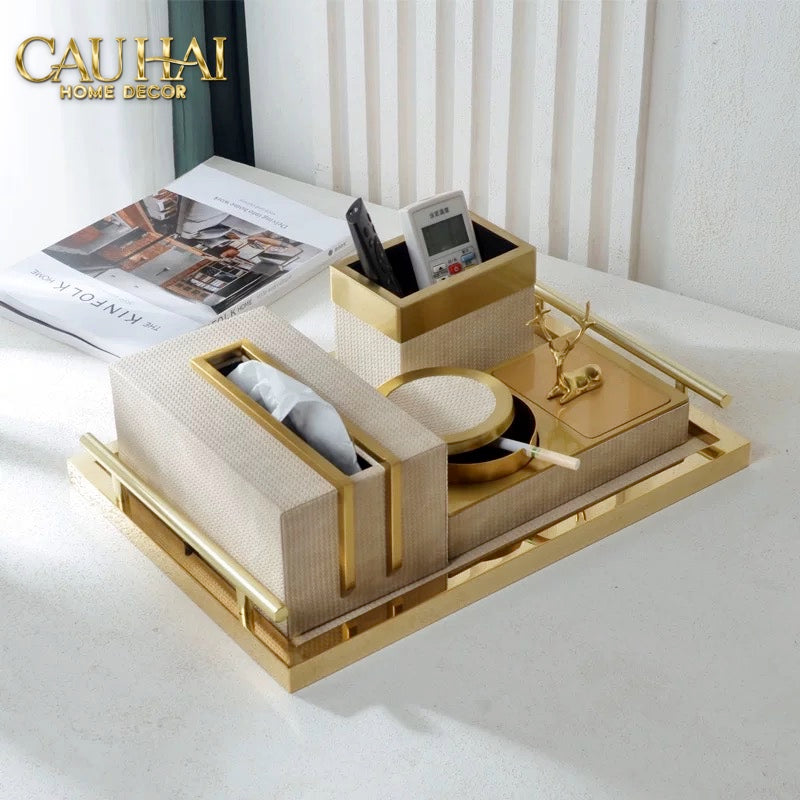 HOME COUTURE - SET KHAY HỘP GIẤY LATTE BIRKIN PREMIUM + LEATHER TRAY 3PCS - CẬU HAI HOME DECOR