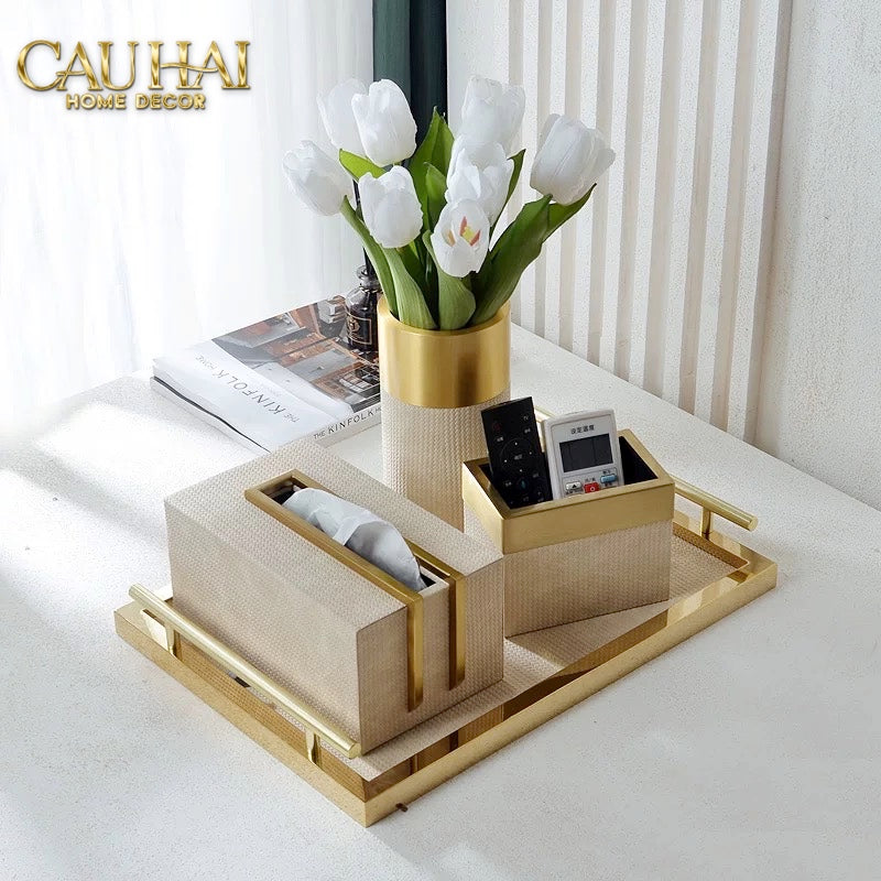 HOME COUTURE - SET KHAY HỘP GIẤY LATTE BIRKIN PREMIUM + LEATHER TRAY 3PCS - CẬU HAI HOME DECOR
