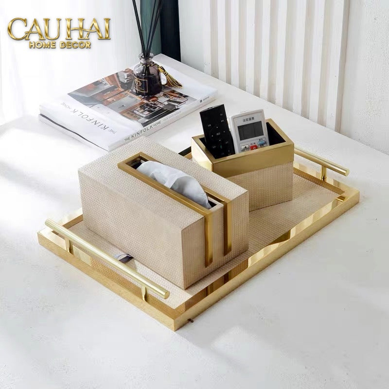 HOME COUTURE - SET KHAY HỘP GIẤY LATTE BIRKIN PREMIUM + LEATHER TRAY 3PCS - CẬU HAI HOME DECOR