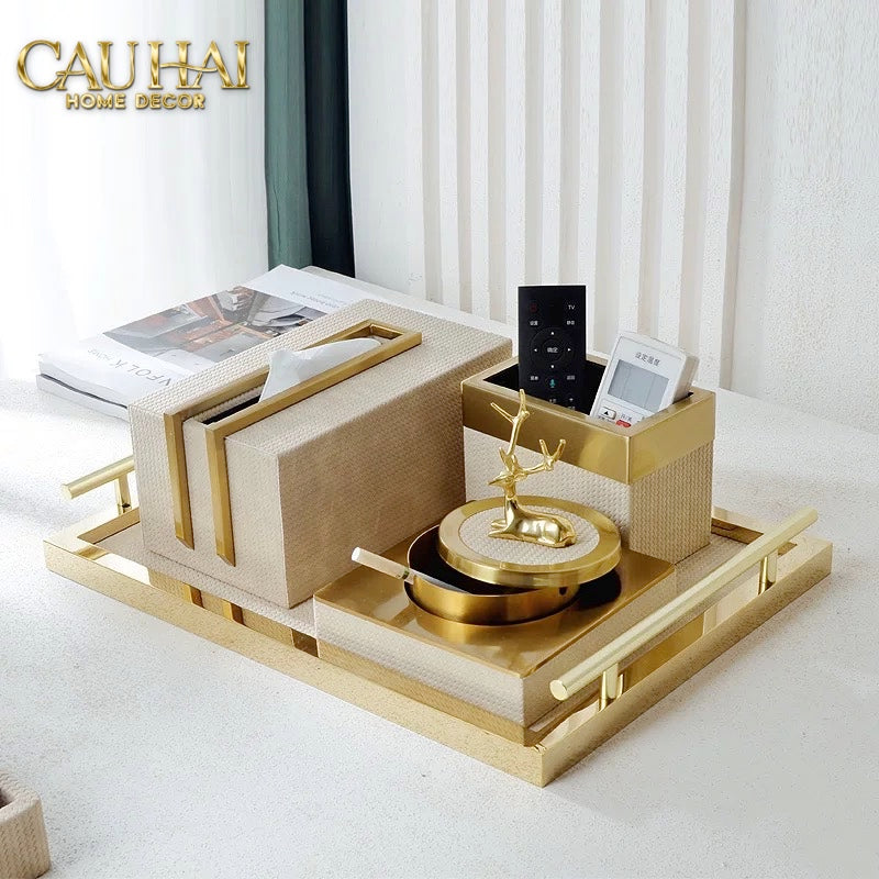 HOME COUTURE - SET KHAY HỘP GIẤY LATTE BIRKIN PREMIUM + LEATHER TRAY 3PCS - CẬU HAI HOME DECOR