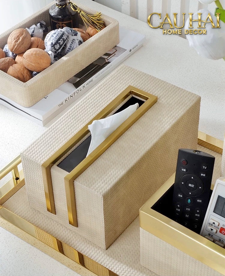 HOME COUTURE - SET KHAY HỘP GIẤY LATTE BIRKIN PREMIUM + LEATHER TRAY 3PCS - CẬU HAI HOME DECOR
