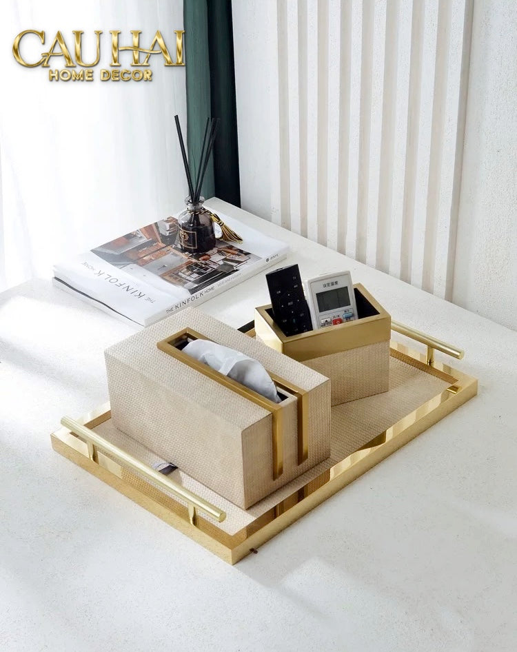 HOME COUTURE - SET KHAY HỘP GIẤY LATTE BIRKIN PREMIUM + LEATHER TRAY 3PCS - CẬU HAI HOME DECOR