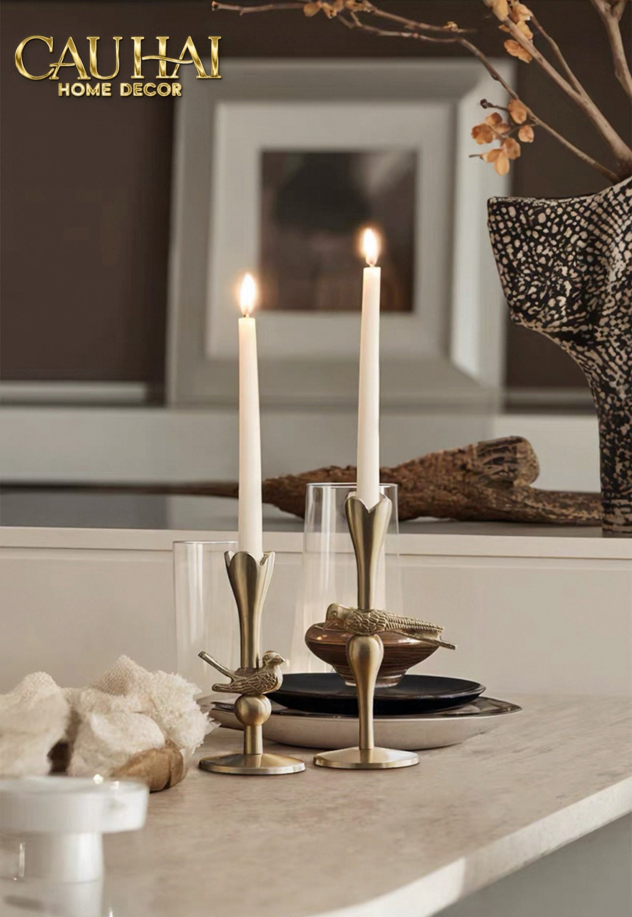 FÊTES COUTURE - SET 2 ĐẾ NẾN BRASSON BIRD HARMONIA CANDLE HOLDERS - CẬU HAI HOME DECOR