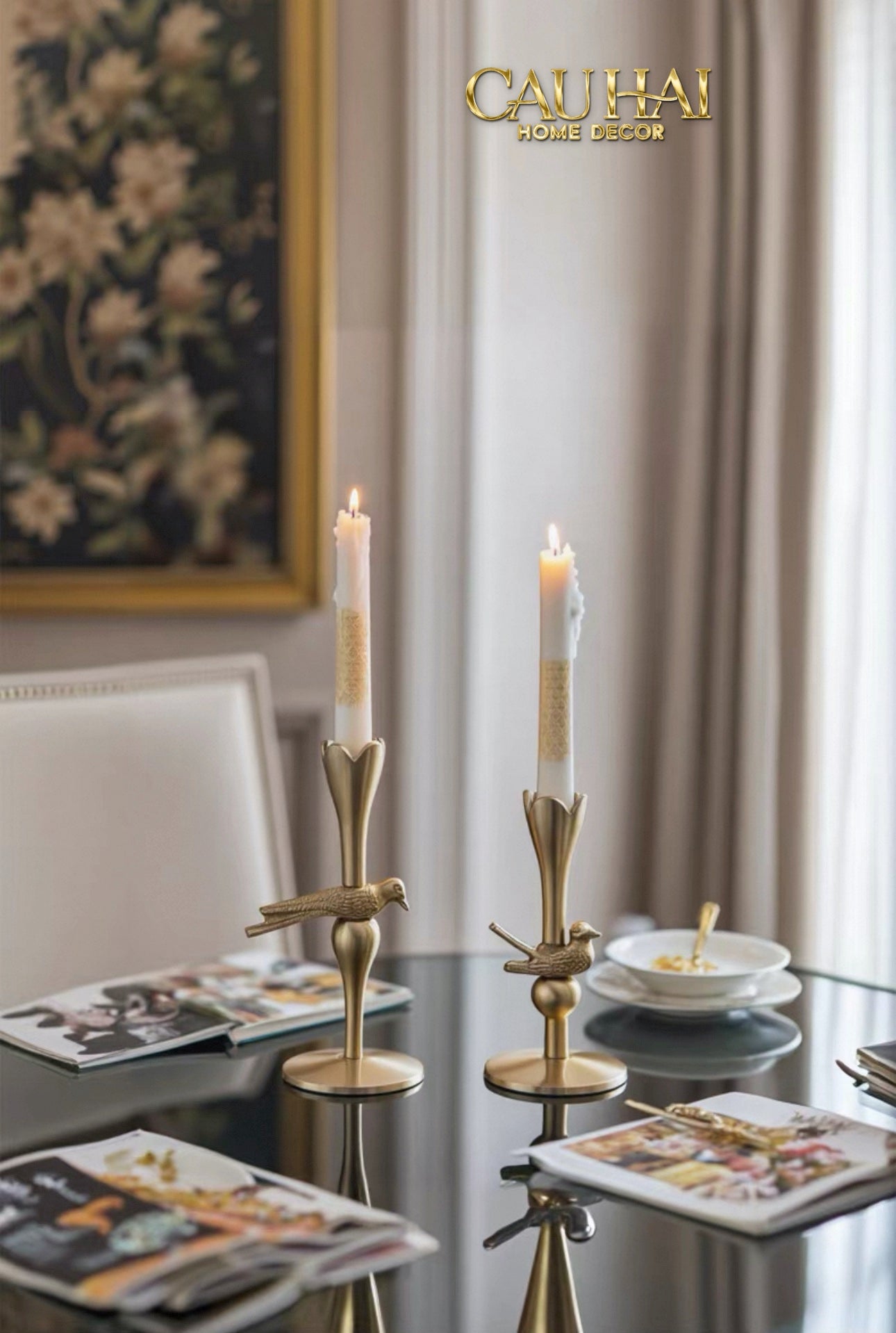 FÊTES COUTURE - SET 2 ĐẾ NẾN BRASSON BIRD HARMONIA CANDLE HOLDERS - CẬU HAI HOME DECOR