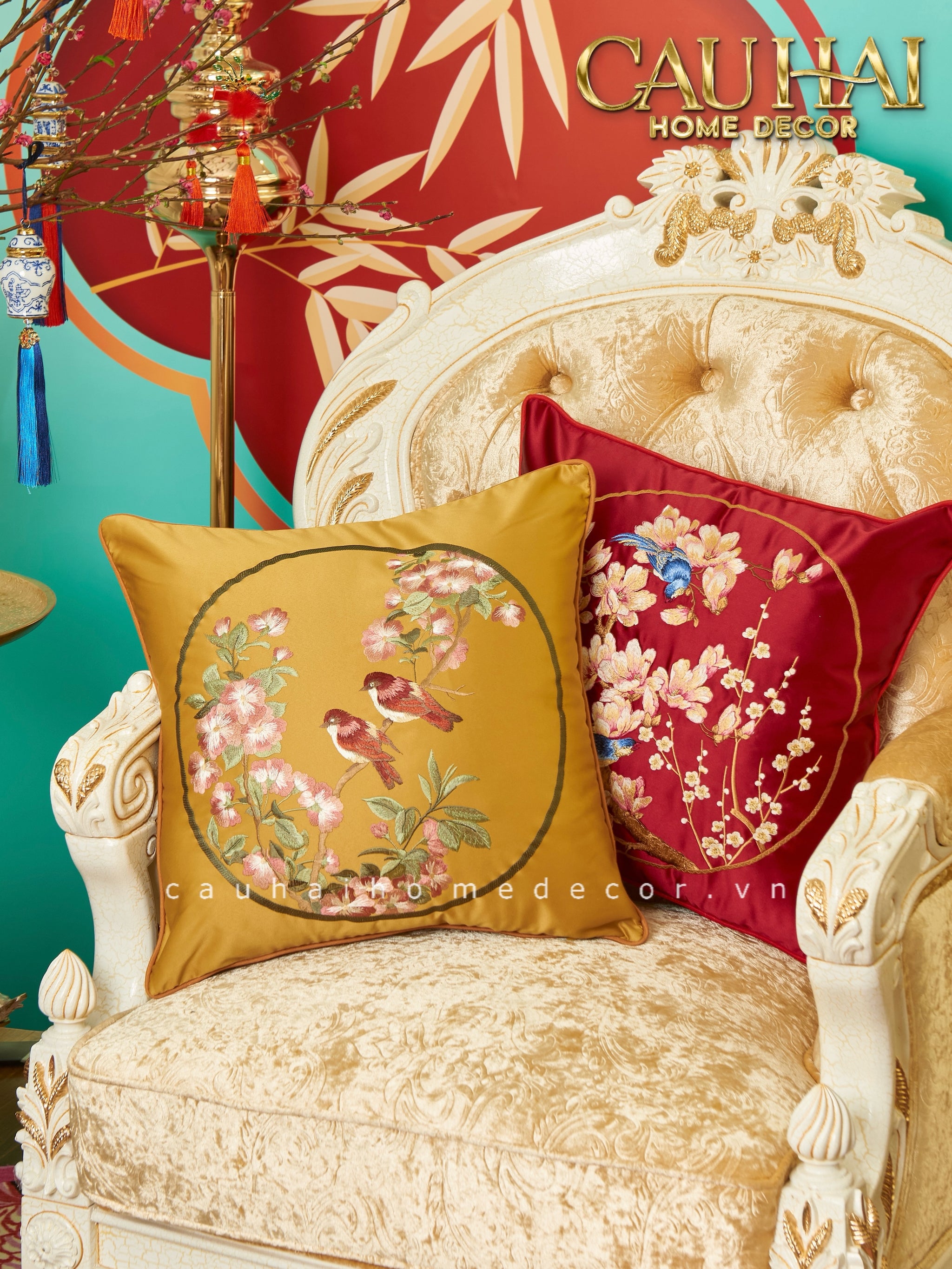 Tết Couture - Vỏ Gối Lụa Thêu Hỷ Viên Hồng Uyển 45