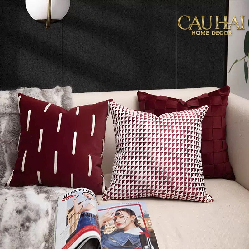 Vỏ Gối Leather Cadre Bordeaux Ivory 45x45-Vỏ Gối Trang Trí-CẬU HAI HOME DECOR-CẬU HAI HOME DECOR