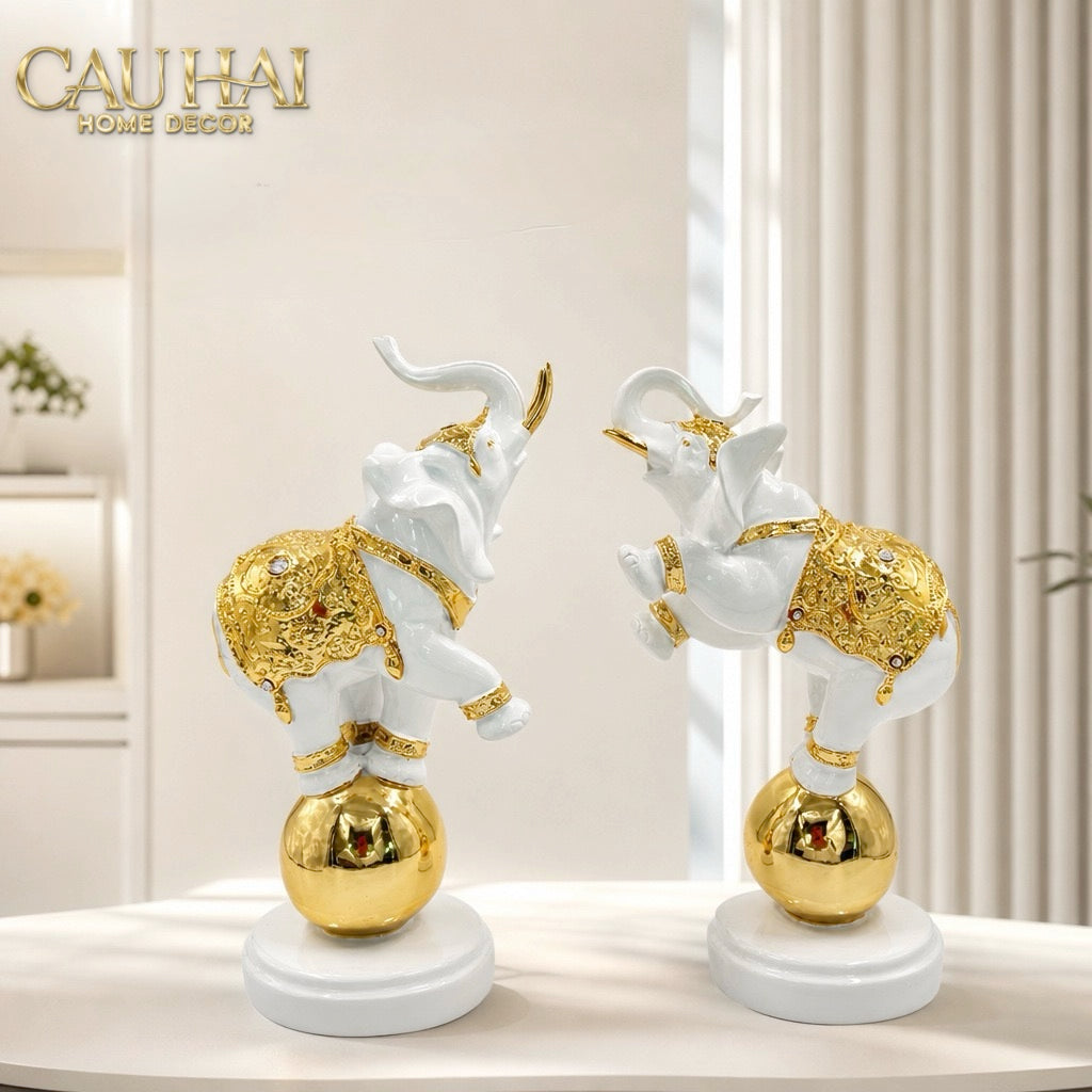 Set 2 Tượng Composite Voi Cirque Royal D'Or 12x17x33-Tượng Decor-CẬU HAI HOME DECOR-CẬU HAI HOME DECOR