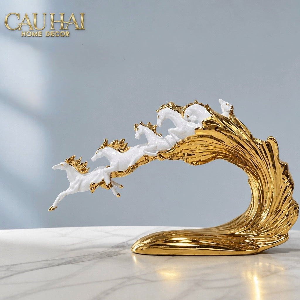 Tượng Ngựa Ceramic Vague de Fortune D'Or 48x10x29-TƯỢNG TRANG TRÍ-CẬU HAI HOME DECOR-CẬU HAI HOME DECOR