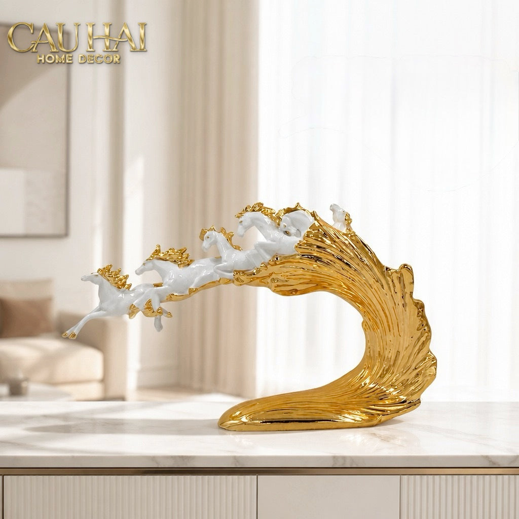 Tượng Ngựa Ceramic Vague de Fortune D'Or 48x10x29-TƯỢNG TRANG TRÍ-CẬU HAI HOME DECOR-CẬU HAI HOME DECOR