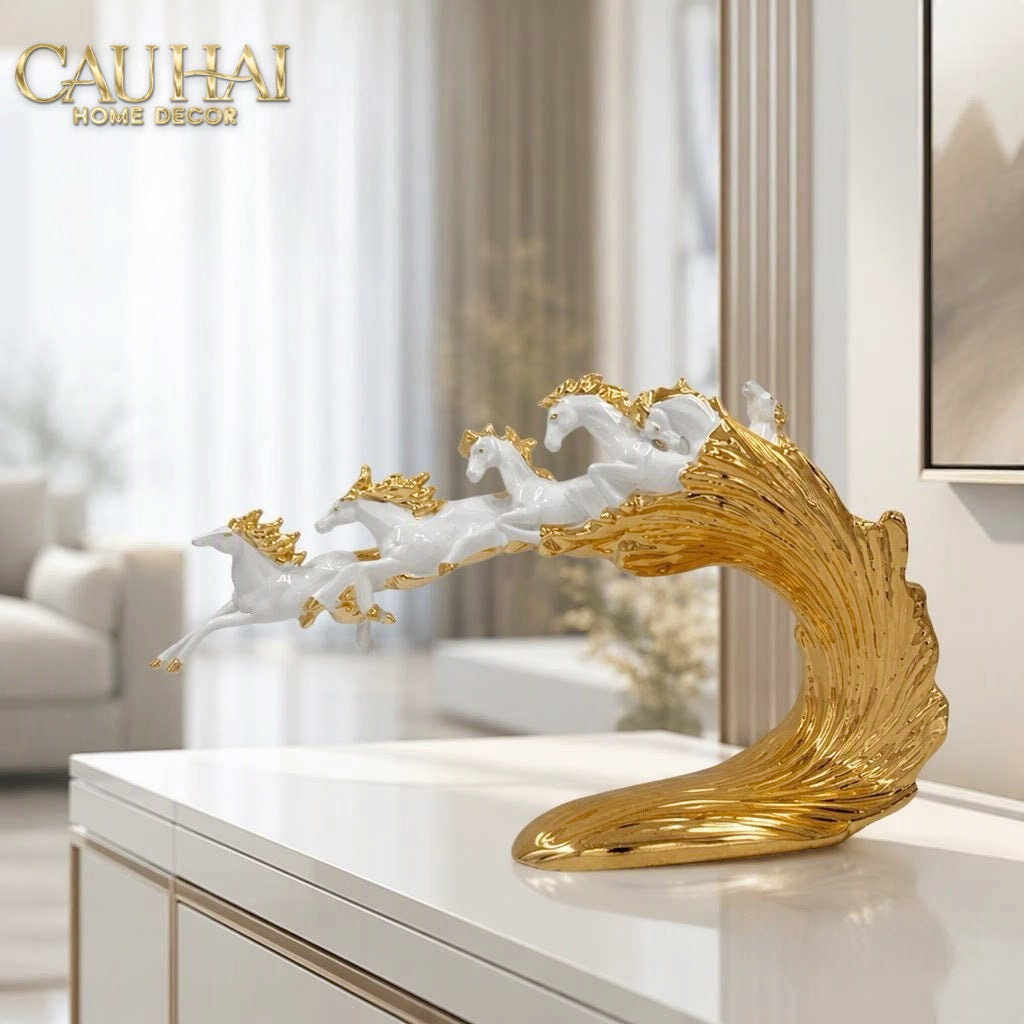Tượng Ngựa Ceramic Vague de Fortune D'Or 48x10x29-TƯỢNG TRANG TRÍ-CẬU HAI HOME DECOR-CẬU HAI HOME DECOR