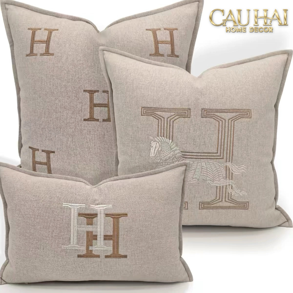 Vỏ Gối Linen Thêu Cheval Équestre Ivory 30x50-VỎ GỐI SOFA-CẬU HAI HOME DECOR-CẬU HAI HOME DECOR