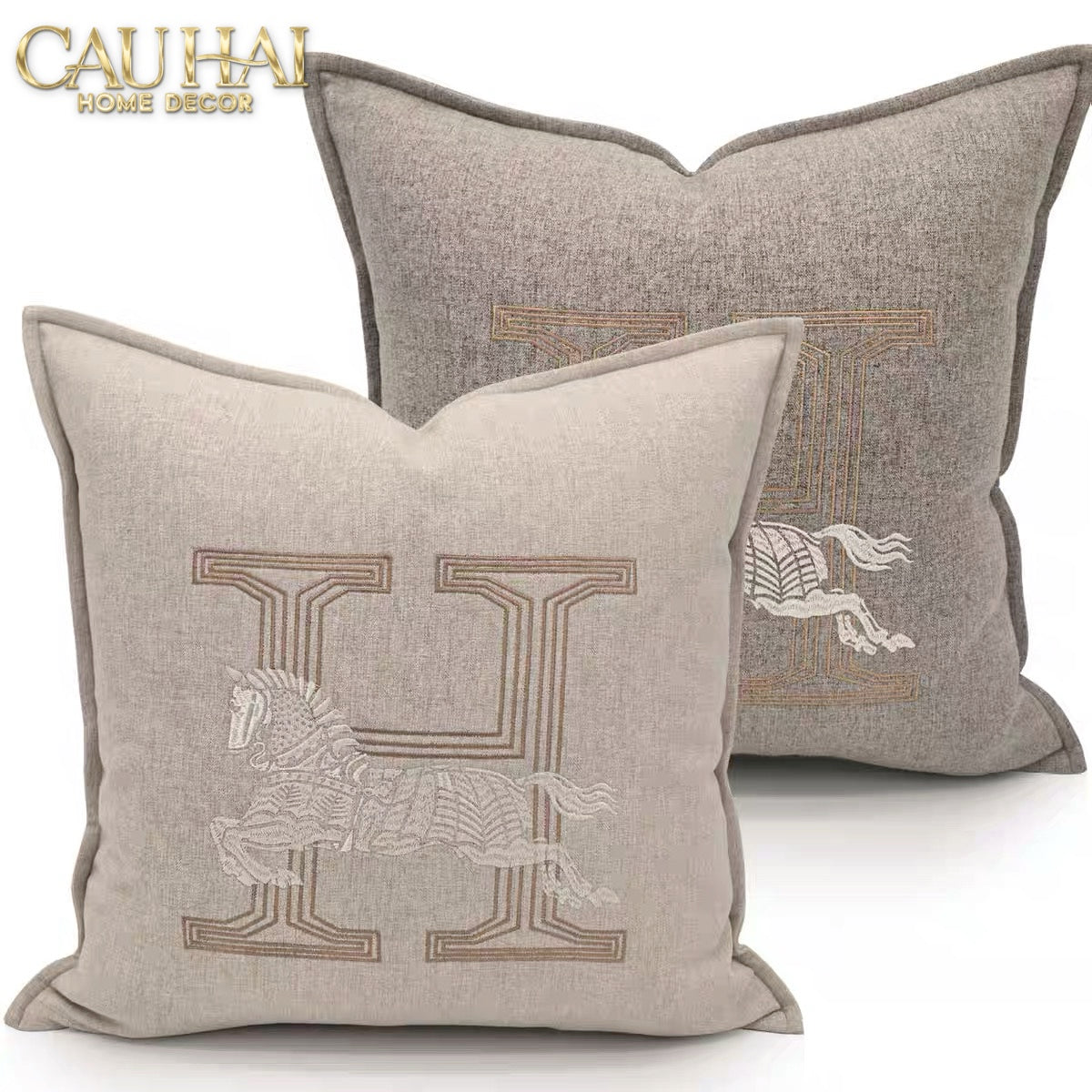 Vỏ Gối Linen Thêu Cheval Équestre Ivory 45x45-VỎ GỐI SOFA-CẬU HAI HOME DECOR-CẬU HAI HOME DECOR