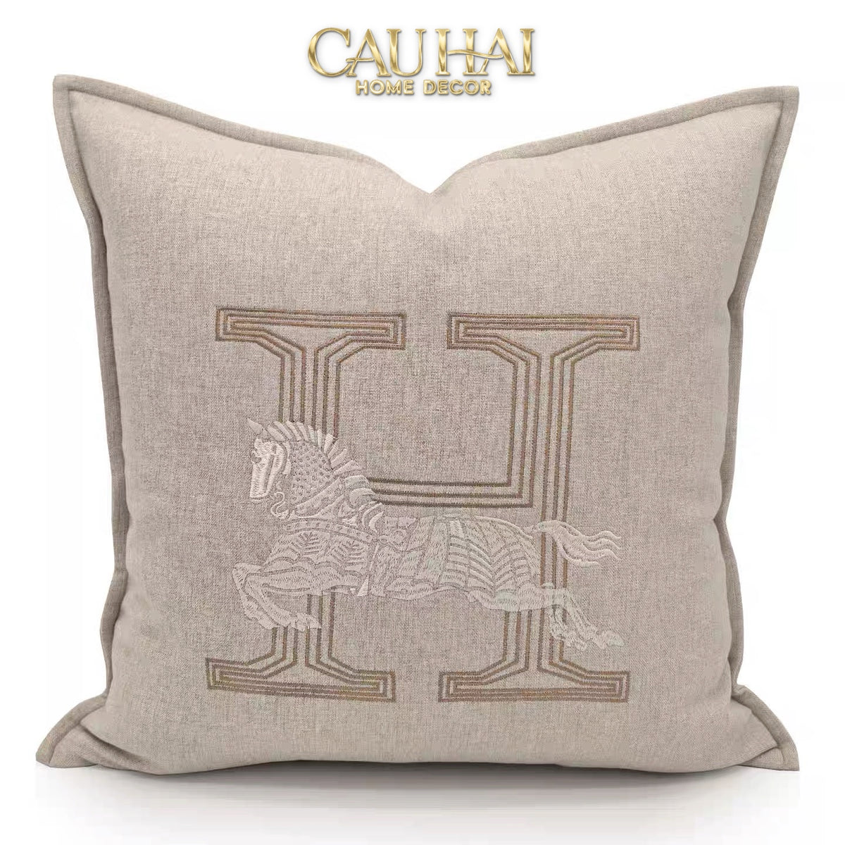 Vỏ Gối Linen Thêu Cheval Équestre Ivory 45x45-VỎ GỐI SOFA-CẬU HAI HOME DECOR-CẬU HAI HOME DECOR