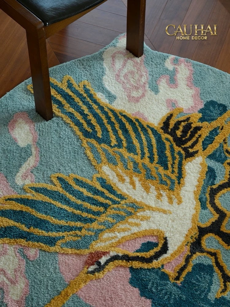 Thảm Tròn Sợi Dệt D120 - Hạc Kim Phi Vân Grue Dorée en Plein Vol - CẬU HAI HOME DECOR