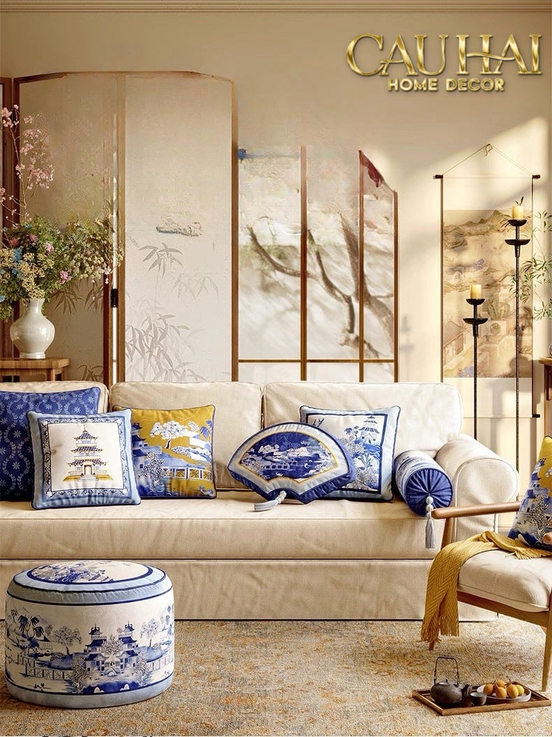 Tết Couture - Gối Nhung Indochine Éventail Paysage Bleu - CẬU HAI HOME DECOR