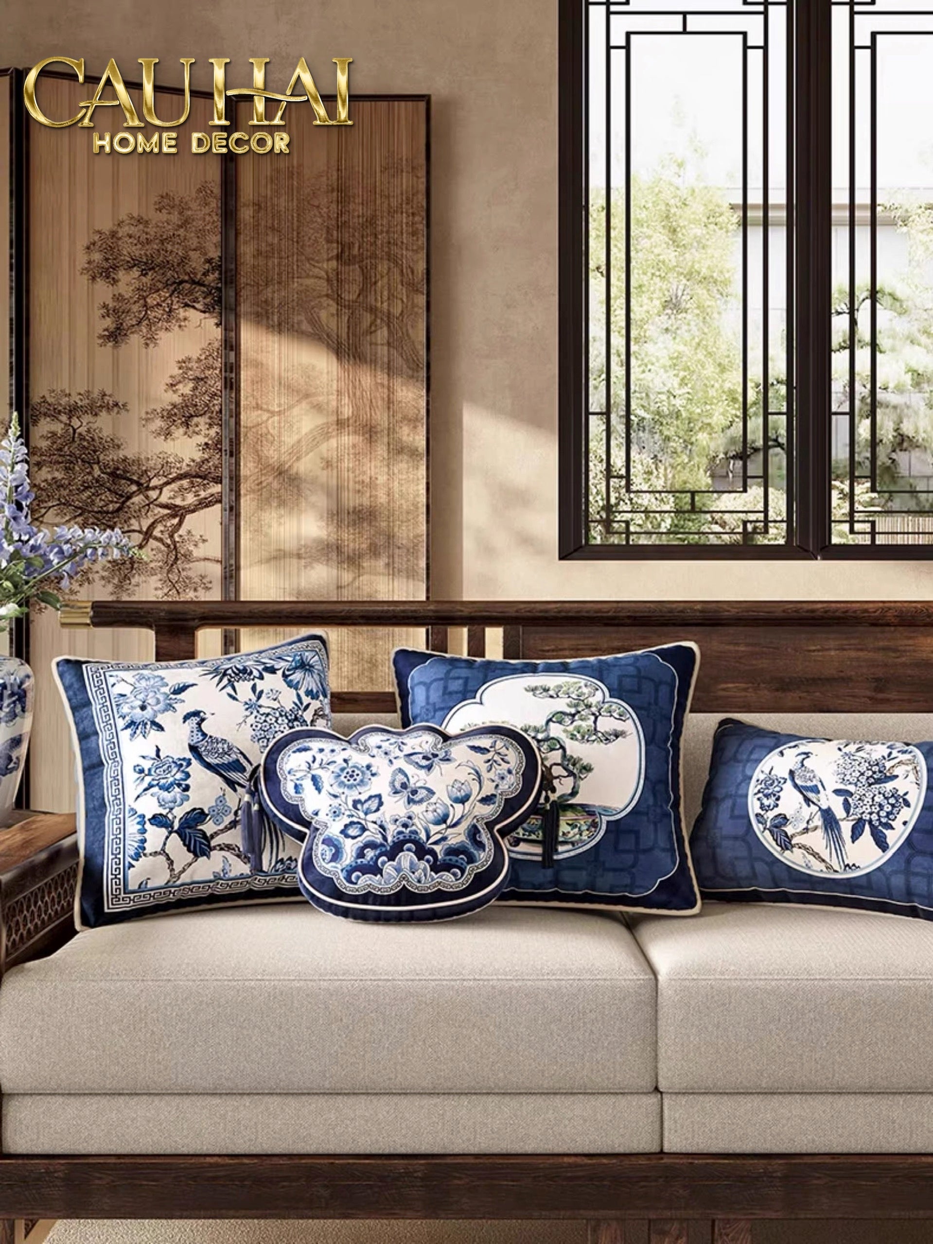 Tết Couture - Gối Nhung Indochine Éventail Paysage Bleu - CẬU HAI HOME DECOR