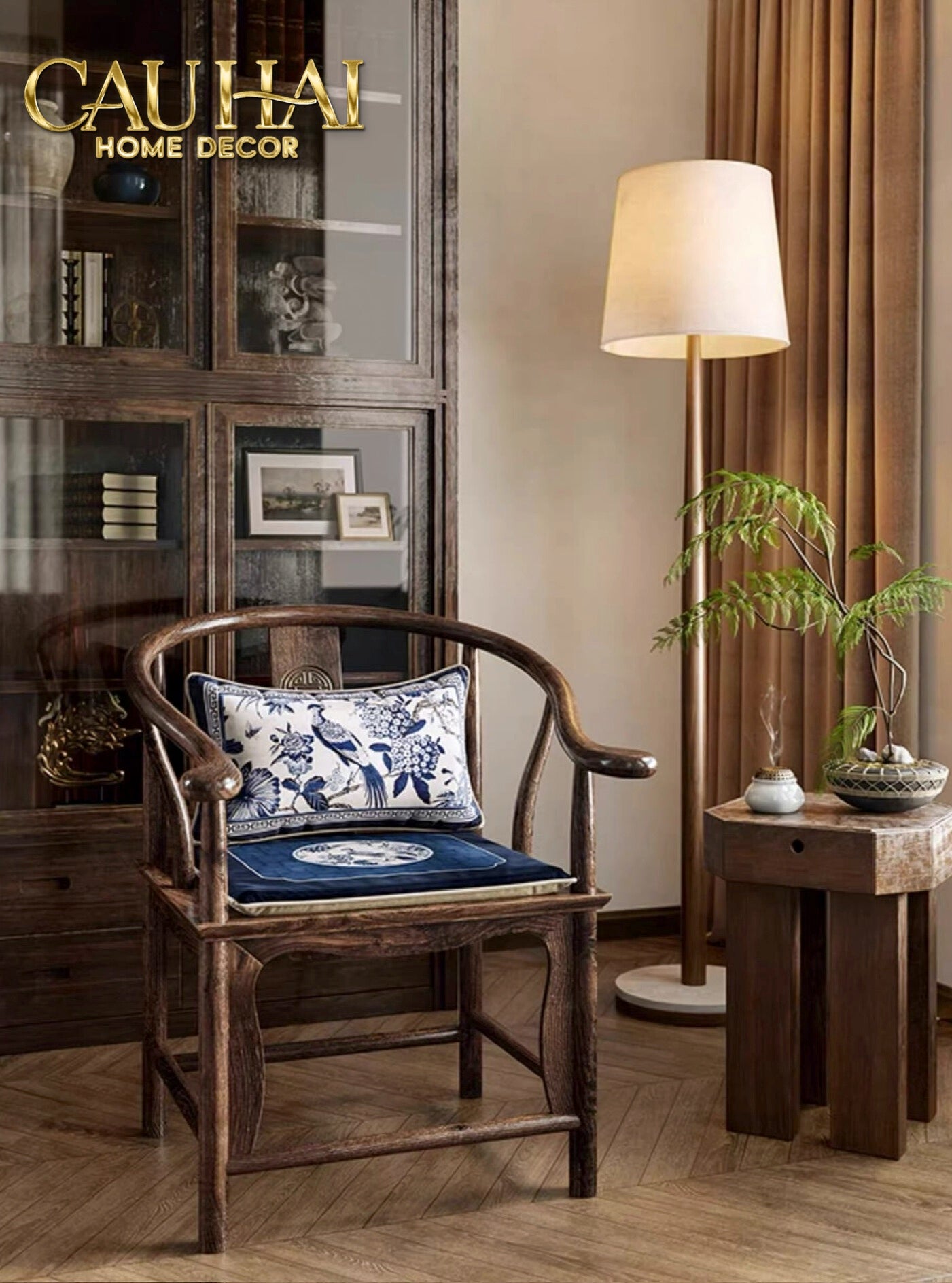 Tết Couture - Gối Nhung Indochine Éventail Paysage Bleu - CẬU HAI HOME DECOR