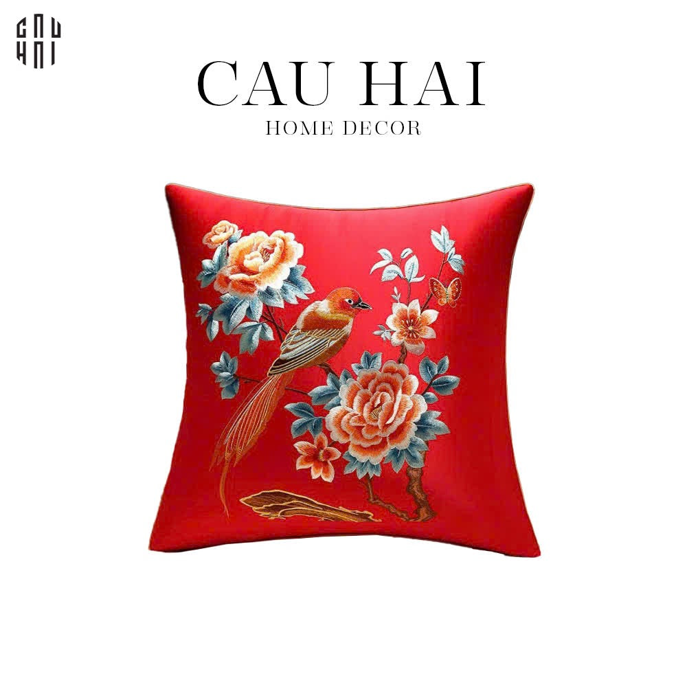 Tết Couture - Vỏ Gối Lụa Thêu Hỷ Cảnh Mẫu Đơn 45. - CẬU HAI HOME DECOR