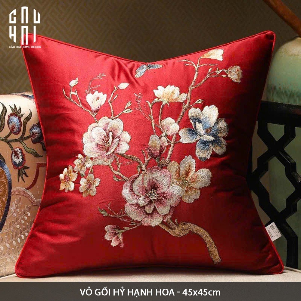 Tết Couture - Vỏ Gối Sofa Hoạ Tiết Thêu Hạnh Hoa 45X45Cm - CẬU HAI HOME DECOR
