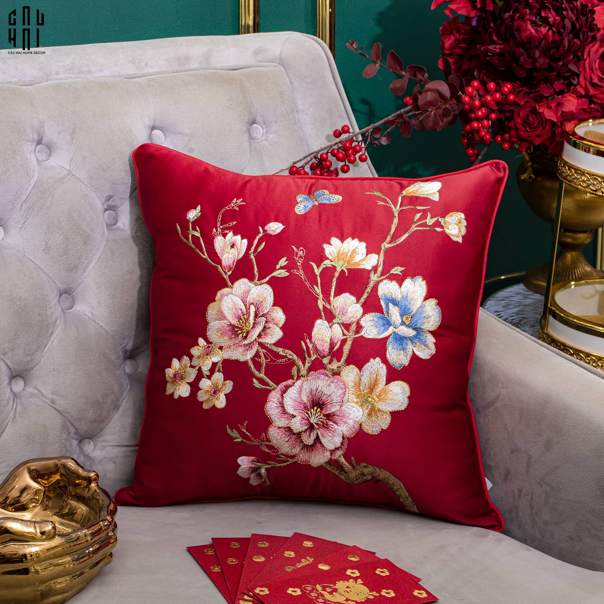 Tết Couture - Vỏ Gối Sofa Hoạ Tiết Thêu Hạnh Hoa 45X45Cm - CẬU HAI HOME DECOR