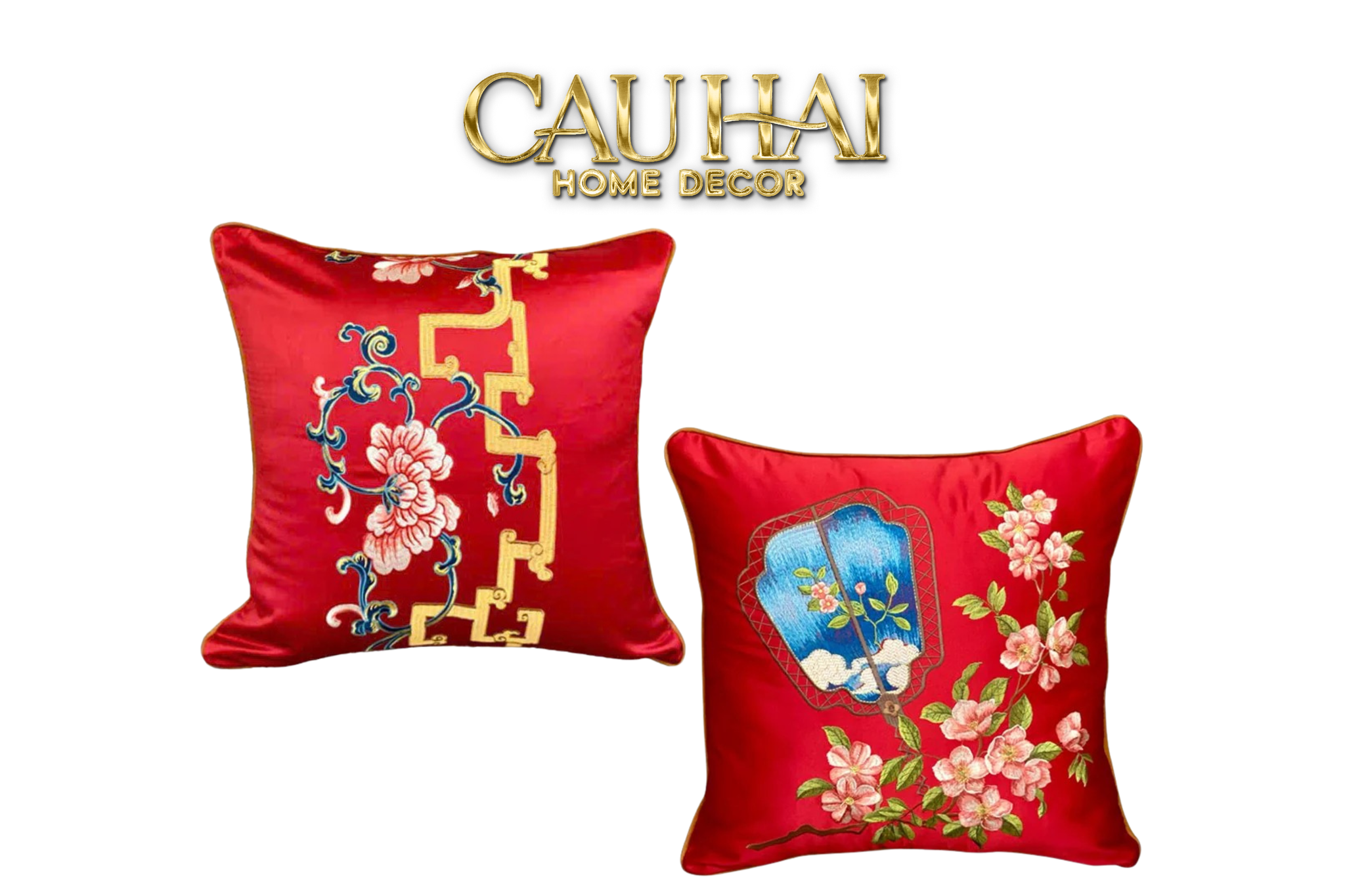 Tết Couture - Vỏ Gối Lụa Thêu Hỷ Phiến Thượng Uyển