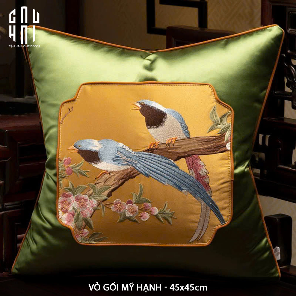Tết Couture - Vỏ Gối Lụa Thêu Kim Hoàng Điểu - CẬU HAI HOME DECOR