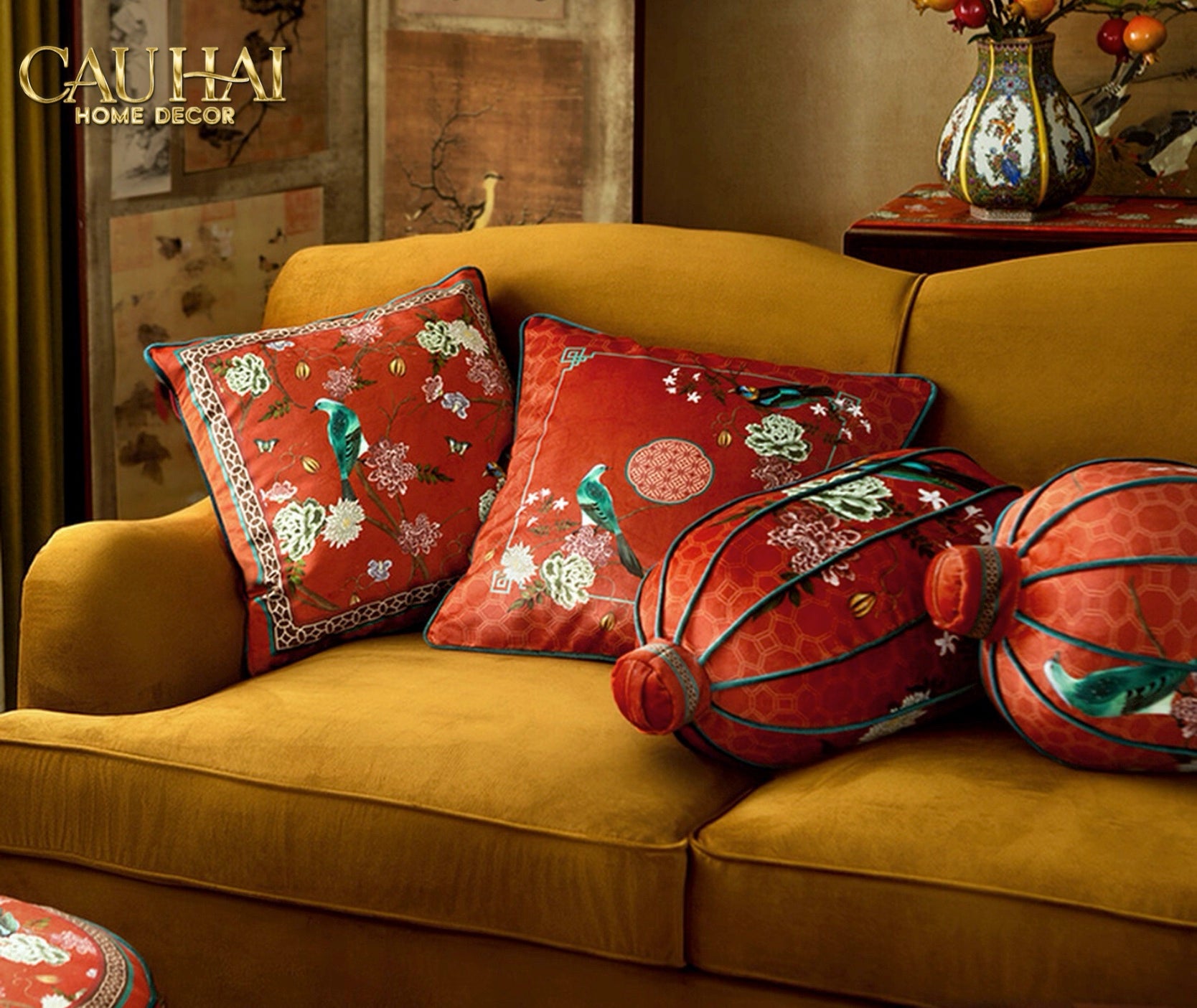 Tết Couture - Vỏ Gối Nhung Qing Dynasty Crimson Legacy 45 - CẬU HAI HOME DECOR