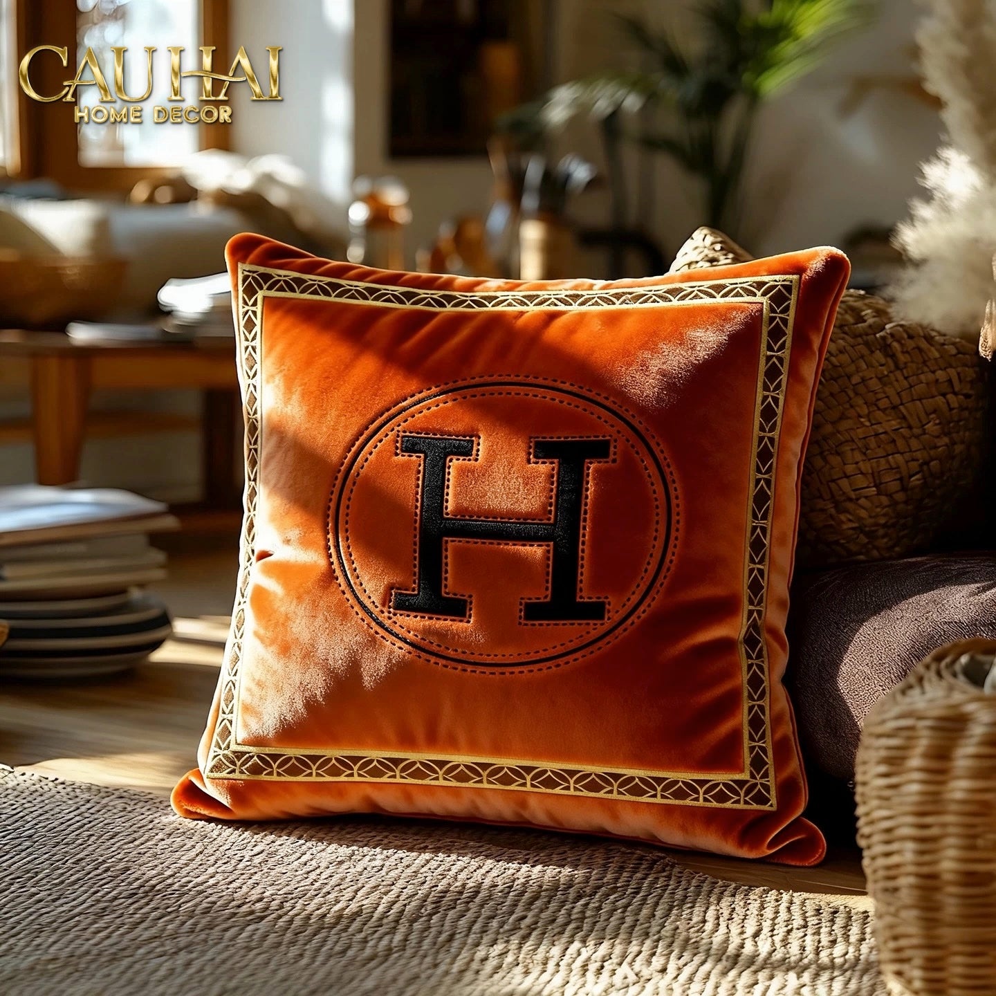 Maison Couture - Vỏ Gối Nhung Cheval Royal - Lettre H 45 - CẬU HAI HOME DECOR