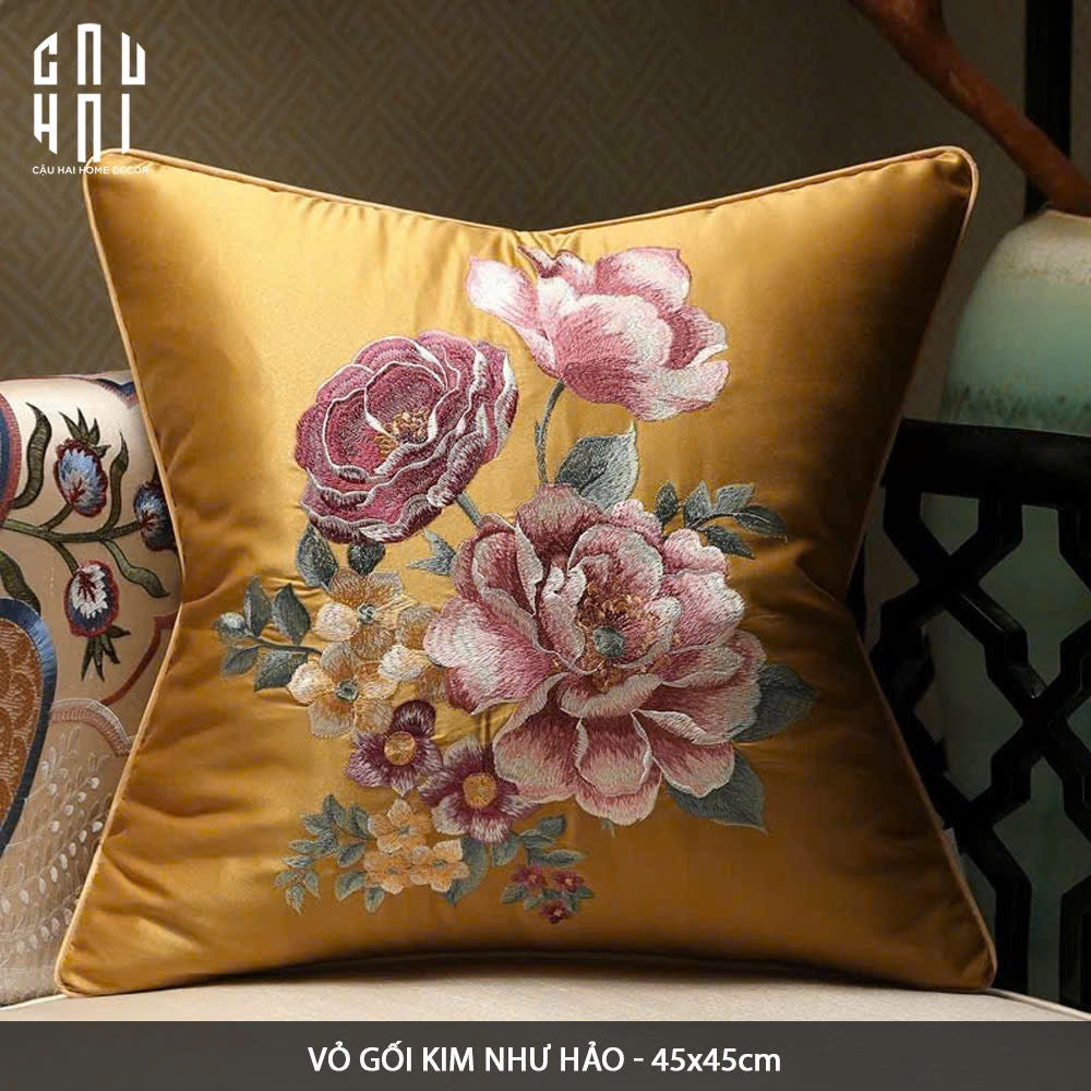 Tết Couture - Vỏ Gối Lụa Thêu Kim / Hỷ Mẫu Đơn 45 - CẬU HAI HOME DECOR