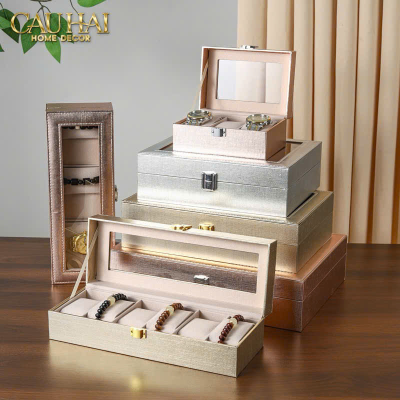 HỘP ĐỒNG HỒ DA GLAZE CHAMPAGNE 6 SLOTS - CẬU HAI HOME DECOR