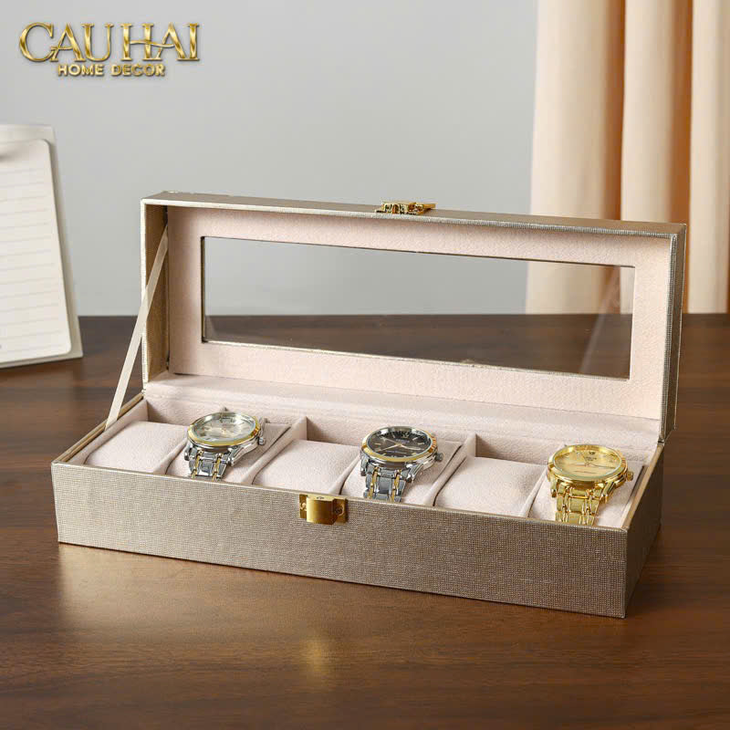 HỘP ĐỒNG HỒ DA GLAZE CHAMPAGNE 6 SLOTS - CẬU HAI HOME DECOR
