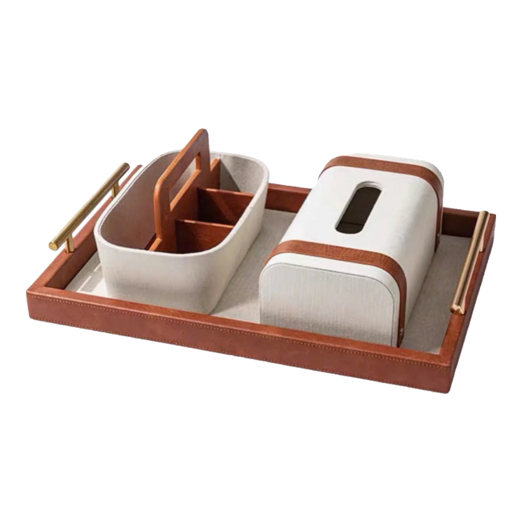 Maison Couture - Set Khay Hộp Giấy Canvas Lux Leather Havana 3Pcs-HỘP KHĂN GIẤY-Đối tác tại Trung Quốc theo từng đơn đặt hàng-CẬU HAI HOME DECOR